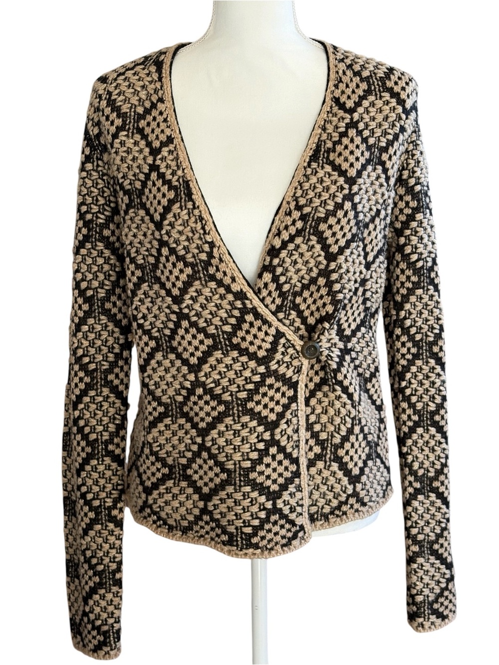 Lucky Brand Boho Geometric Chunky Knit Shimmer Single Button Cardigan M